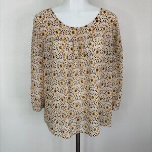 Lucky Brand Top Medium Yellow Blue Floral 3/4 Sleeve Sheer Blouse Women's
